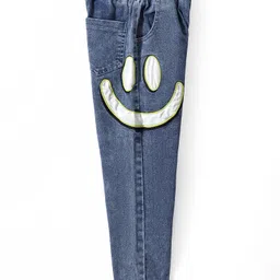 Kookie Kids Full Length Washed  Denim Jeans with Smiley Print - Blue image 3