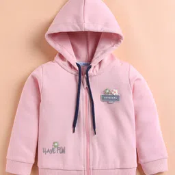 KIDZELLO Cotton Knit Full Sleeves Original Text Patch Detailed Hooded Jacket With Pant & Tee Set - Peach image 4