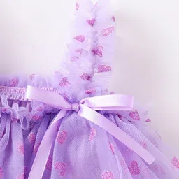 Kookie Kids Sleeveless Layered Party Frock with Glitter Heart Print Bow Applique - Purple image 4