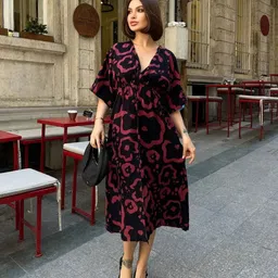 PIMU Women Abstract Print Kimono Sleeve Kaftan Midi Dress-image-24