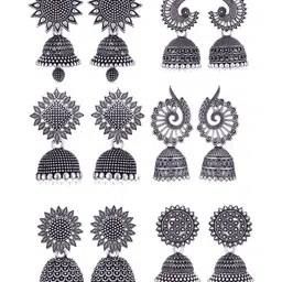 Sangria Set Of 6 Silver Plated Oxidized Jhumka Earrings-picture-34