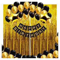 Bubble Trouble Happy Birthday Decoration Kit Pack of 35 Combo with 2 Pcs Gold Fringe Foil Curtains 1 Black Birthday Banner 15 Pcs Black Balloons for Kids Birthday Decoration Items-picture-46