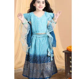 Kinder Kids Sleeveless Floral Foil Printed Accordion Pleated & Ombre Coordinating Lehenga & Choli Set - Blue-picture-28