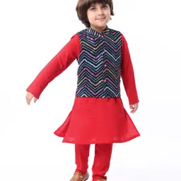 Babyhug Woven Full Sleeves Solid Colour Kurta Pyajama Set with Mirror & Sequined Embroidered Nehru Jacket - Red-picture-15