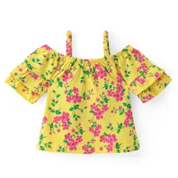 Babyhug Cotton Knit Cold Shoulder  Sleeves Top with Frill Detailing & Floral Print - Yellow-picture-38