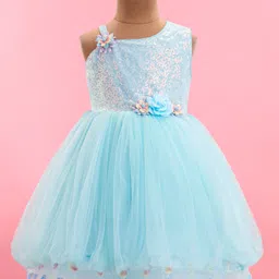 Bluebell Net Woven One Shoulder Sleeves Shimmered Balloon Party Frock with Floral Applique - Sky Blue-picture-12