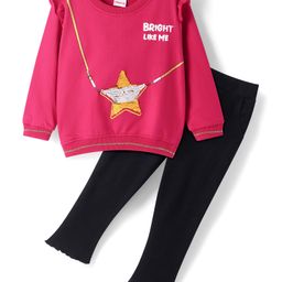 Babyhug Single Jersey Full Sleeves Frill Detailing Top with Reversible Sequin Star and Solid Leggings Set -Dark Pink-picture-46