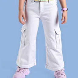 Babyhug Twill Woven Full Length Solid Color Flared Pants with Belt - White-picture-29