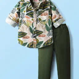 Babyhug Cotton Woven Full Sleeves Shirt & Trouser Set With Leaf Print - Olive Green-image-84