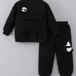 Mark & Mia Full Sleeves Winter Wear Fur Sweatshirt & Lounge Pant Set with Panda Applique - Black-picture-24
