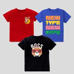 KAVEE Pure Cotton Pack Of 3 Half Sleeves New Type New Hype Text & Baby Sloth Printed Tees - Red Blue & Black-picture-14
