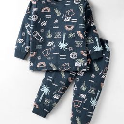 CUCUMBER Sinker Knit Full Sleeves Co-Ord Night Suit with Beach Theme Print - Navy Blue-picture-27