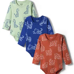 Bonfino 100% Cotton Knit Full Sleeves Animal Printed Onesies Pack Of 3 - Green Rust Red & Navy Blue-picture-34