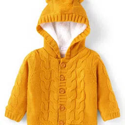 Babyhug Knit Full Sleeves Hooded Front Open Sweater with Cable Knit Design & Ear Applique - Mustard-picture-17