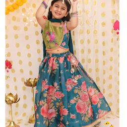 BownBee Organza Woven Sleeveless Floral Printed & Gota Lace Embellished Lehenga Choli With Dupatta Set - Green-image-60