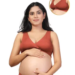 Zelena 95% Modal 5% Elastane Knit Sleeveless Solid Padded Maternity Bra With Nursing Access - Rust-picture-17