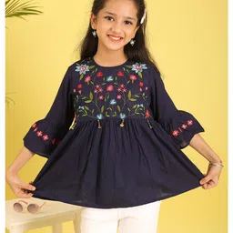 ISHTI Woven Three Fourth Sleeves Floral Embroidered & Beads Embellished Top - Navy Blue-picture-11