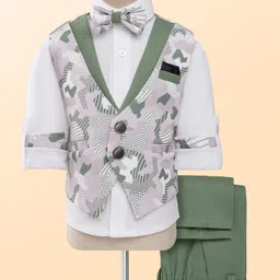 Rikidoos Full Sleeves Abstract Printed 3 Piece Suit Set With Bow - White & Pista Green-picture-10