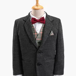 Babyhug Full Sleeves Solid & Checked Party Suit With Bow Detailing - Anthra Black image 2