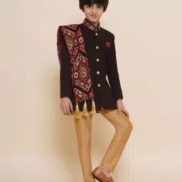 AJ Dezines Full Sleeves Ethnic Floral Block Designed & Sequin Embellished Coordinating Sherwani & Dupatta Set - Maroon image 4