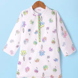 Babyhug Cotton Flex Woven Full Sleeves Kurta Pyjama Set with Digital Floral Print - White image 3