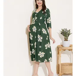 Quira Viscose Rayon Woven Three Fourth Sleeves Floral Printed Maternity Dress With Concealed Side Zipper Nursing Access - Green image 4