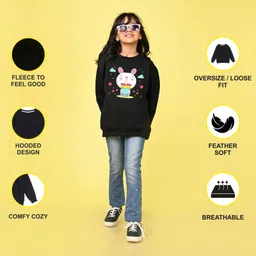 NUSYL Fleece Knit Full Sleeves Bunny Cartoon Printed Light Winter Sweatshirt - Black image 4