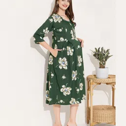 Quira Viscose Rayon Woven Three Fourth Sleeves Floral Printed Maternity Dress With Concealed Side Zipper Nursing Access - Green image 5