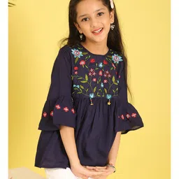 ISHTI Woven Three Fourth Sleeves Floral Embroidered & Beads Embellished Top - Navy Blue image 5