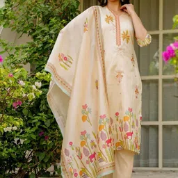 Lookmark Ethnic Motifs Embroidered V-Neck Thread Work Kurta With Trousers & Dupatta image 4