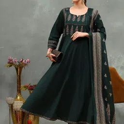 Meena Bazaar Ethnic Motifs Embroidered Panelled Thread Work Kurta With Trousers & Dupatta image 3