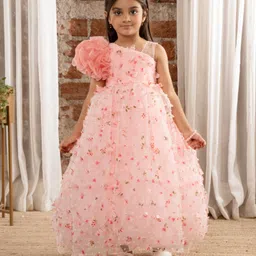Ministitch One Shoulder Ruffled & Seamless 3D Flowers And Butterflies Embellished & Dobby Work Detailed Fit & Flare Ball Gown - Peach-picture-22