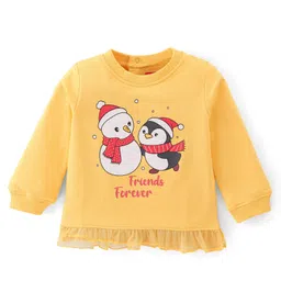 Babyhug Cotton Knit Full Sleeves Penguin Print T-Shirt with Frill Detailing - Yellow-picture-28