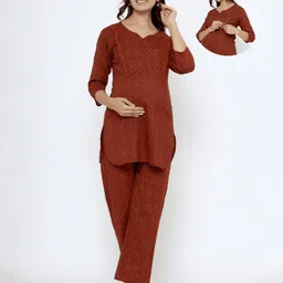 CRAFIQA Cotton Three Fourth Sleeves Abstract    Printed Maternity Night Suit With Concealed Zipper Nursing Access - Red-picture-25