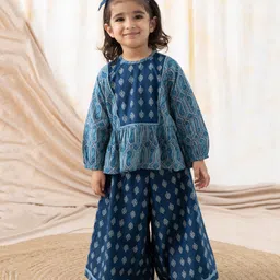 Tiber Taber 100% Cotton Full Sleeves Bandhani Printed Lace Detailed Top & Palazzo Set - Blue-picture-26