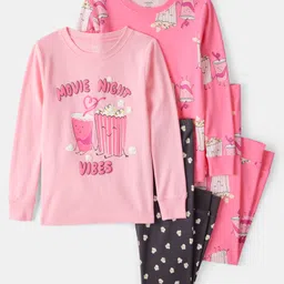 Carter's Knit Full Sleeves Co-ord Night Suits With Movie Night Text & Print Pack of 2 - Pink-picture-15