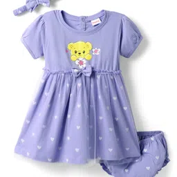Babyhug Cotton Knit Half Sleeves Bear & Floral Printed Frock With Bloomer & Headband - Purple-picture-20