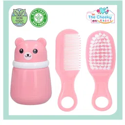 The Cheeky Kidzz Baby Skin Care Powder Talcum Puff Case Container Box With Soft Bristles Hair Solid Comb Brush For Babies First Shower Gift (PINK)-image-27