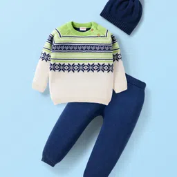 Babyhug Cotton Knit Full Raglan Sleeves Sweater Set with Fair Isle Design & Cap - Blue White & Green-picture-36