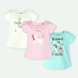 Ariel Cotton Knit Pack Of 3 Half Sleeves Unicorn & Typography Printed Tops - Cream Pink & Sky Blue-picture-22