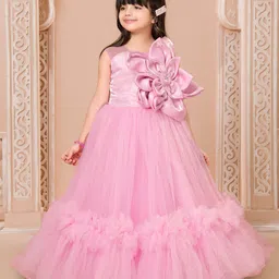 Ministitch Net Woven Sleeveless Floral Applique & Ruffle Detailed Gown - Pink-picture-14