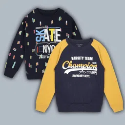 Plum Tree 100% Cotton Knit Pack Of 2 Full Sleeves Skateboard & Typography Printed Light Winter Sweatshirts Set - Navy Blue & Black-picture-21