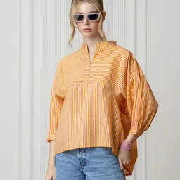 kalamir Zenava by Myntra Vertical Striped Mandarin Collar Puffed Sleeves Cotton Shirt Style Top image 3