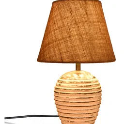 Green Girgit Striped Wooden White Lamp with Brown Jute Shade image 3