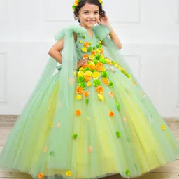 Li&Li BOUTIQUE Net Long Cape Sleeves Floral Applique Detailed Pearls Embellished Gown - Candy Yellow & Tea Green image 4