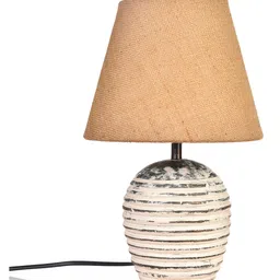 Green Girgit Striped Wooden White Lamp with Brown Jute Shade image 4