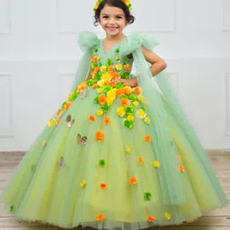 Li&Li BOUTIQUE Net Long Cape Sleeves Floral Applique Detailed Pearls Embellished Gown - Candy Yellow & Tea Green image 5