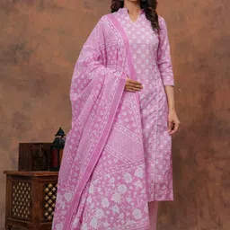 DERAIL Printed Mandarin Collar Angrakha Pure Cotton Straight Kurta With Trousers & Dupatta image 5