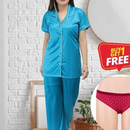 Clothus Women Blue Satin Printed Night suits-image-42