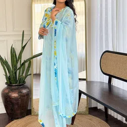 RUNAYA NX Floral Printed Notch Neck Chanderi Silk Kurta With Trousers & Dupatta image 3
